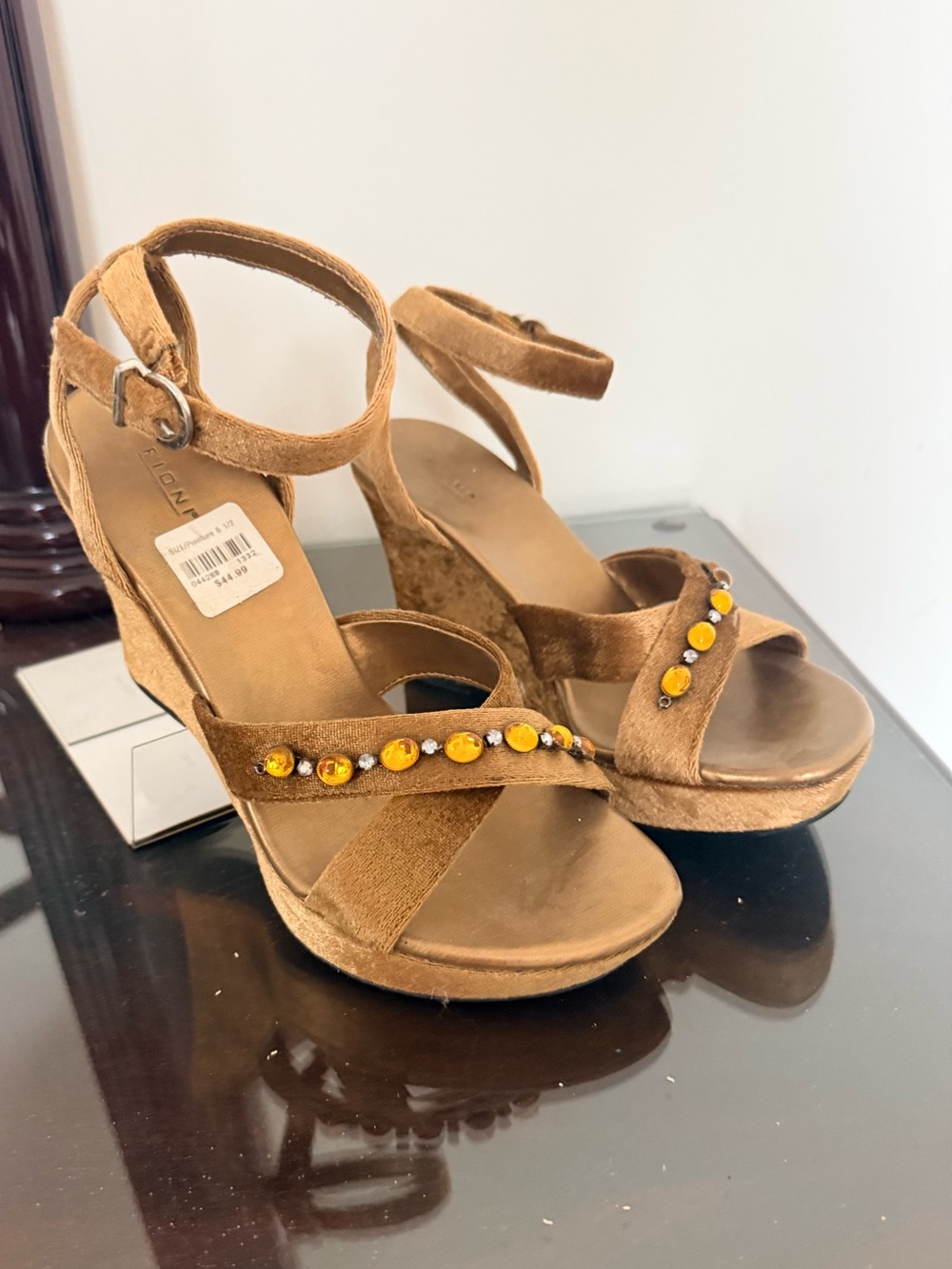 FIONI Gold Suede Boho Chic Wedge Sandals with Gem Embellishments